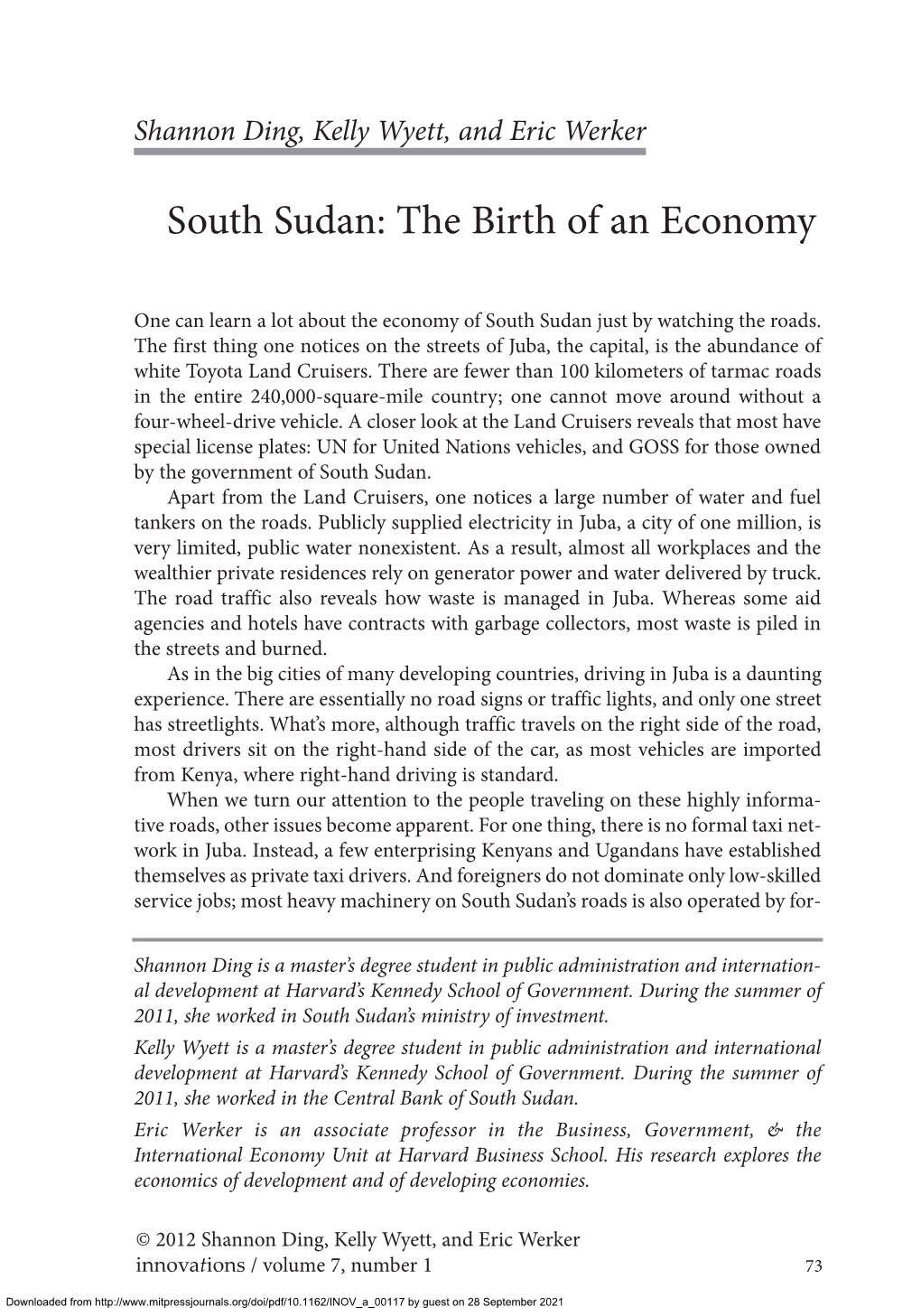 South Sudan: the Birth of an Economy