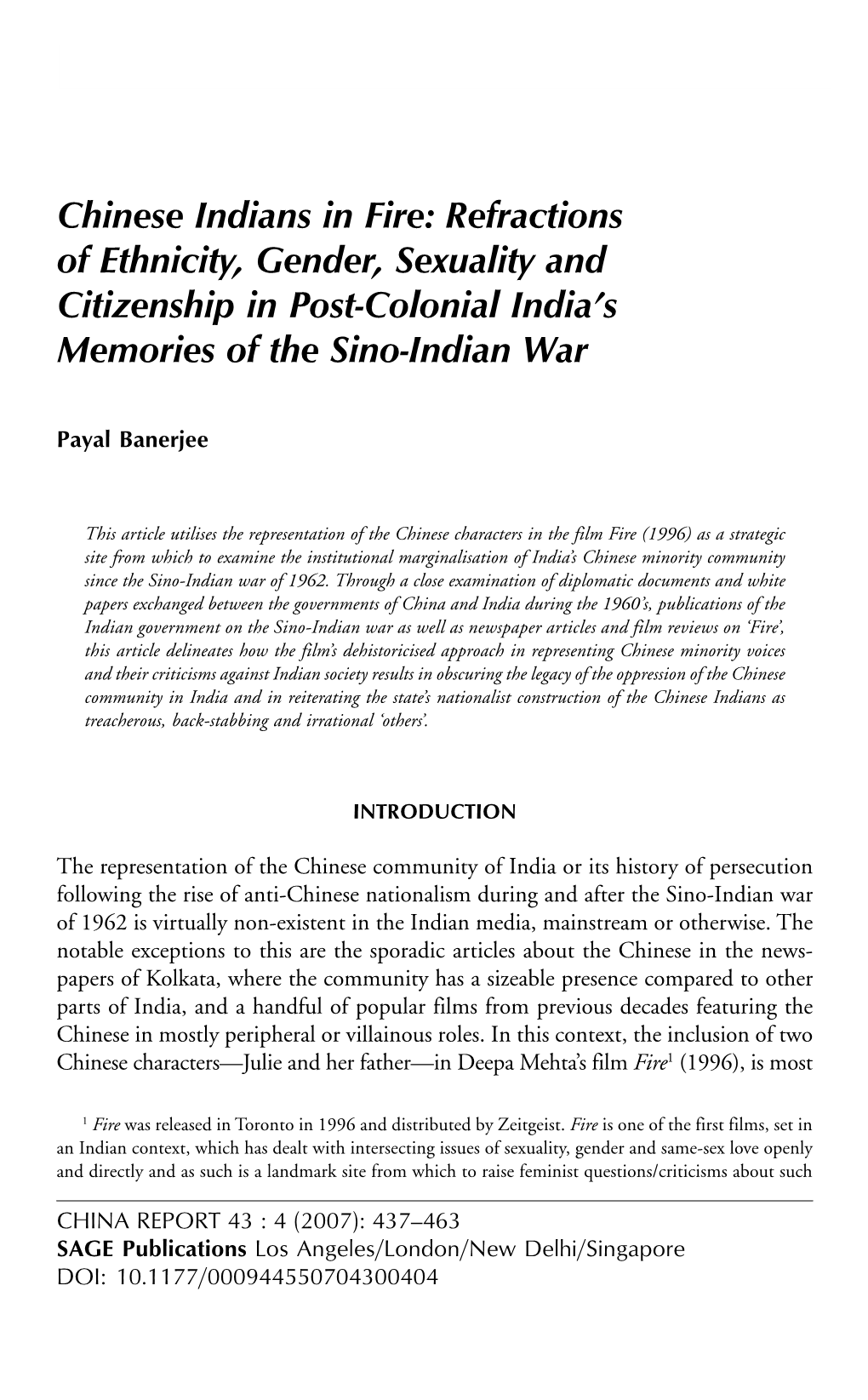 Chinese Indians in Fire: Refractions of Ethnicity, Gender, Sexuality and Citizenship in Post-Colonial India’S Memories of the Sino-Indian War