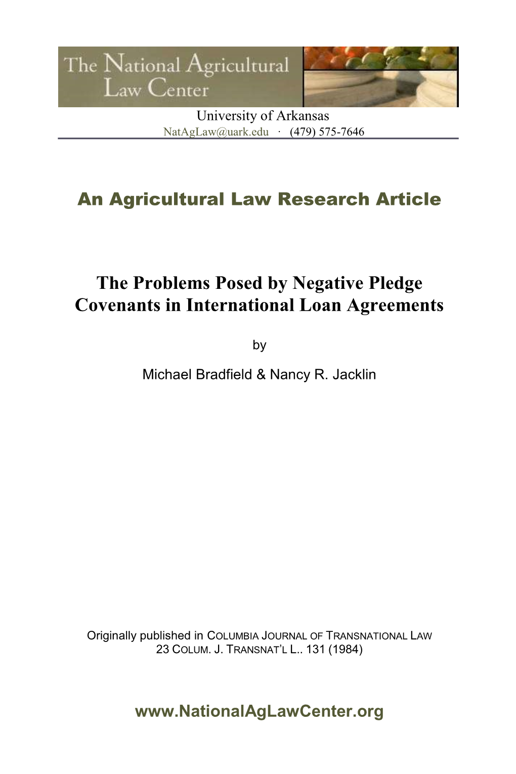 The Problems Posed by Negative Pledge Covenants in International Loan Agreements