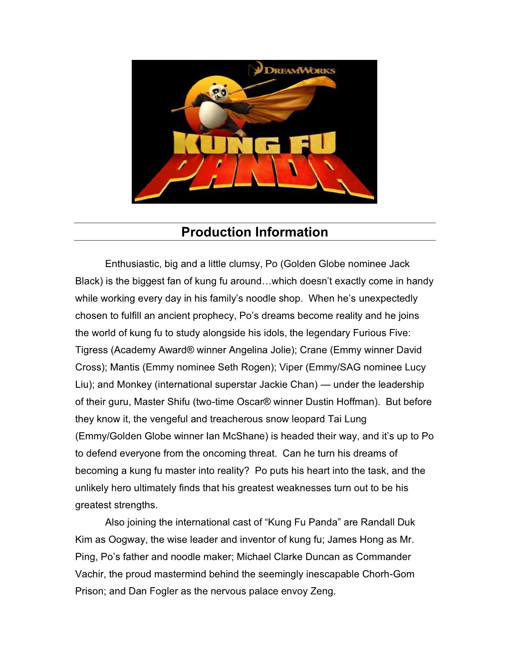 Kung Fu Panda (Production Notes)