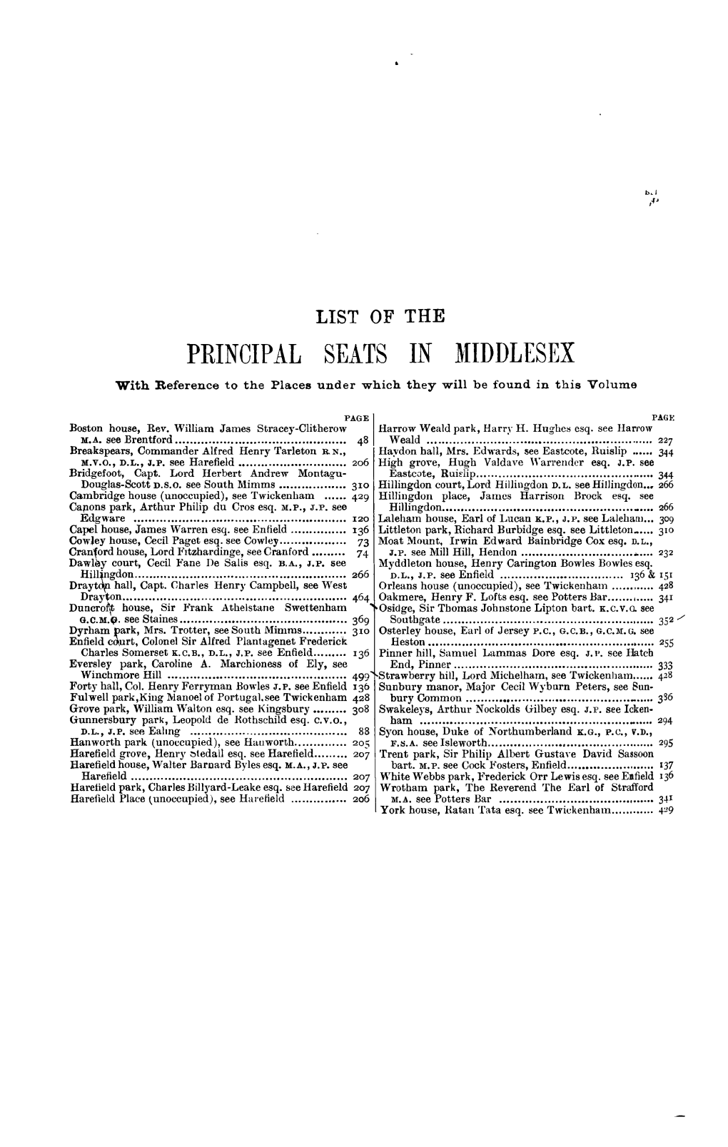 LIST of the PRINCIPAL SEATS in Liiddlesex