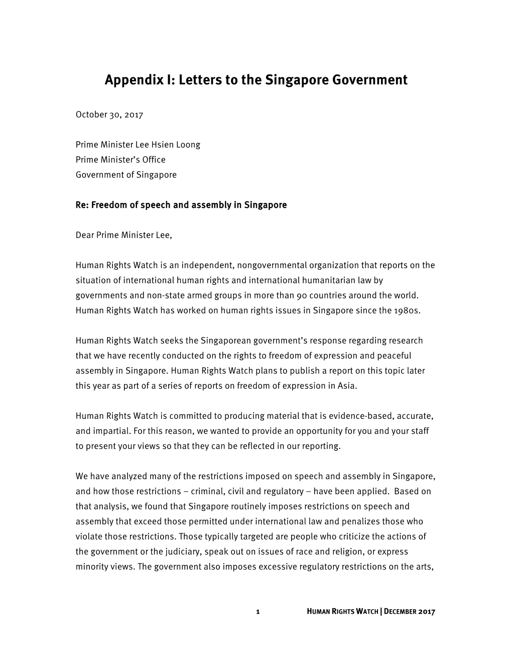 Appendix I: Letters to the Singapore Government