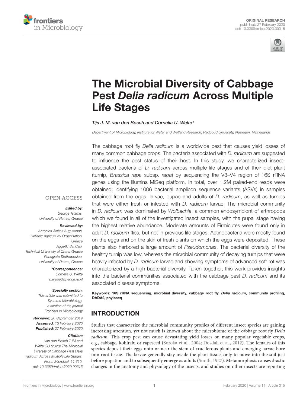 The Microbial Diversity of Cabbage Pest Delia Radicum Across Multiple Life Stages