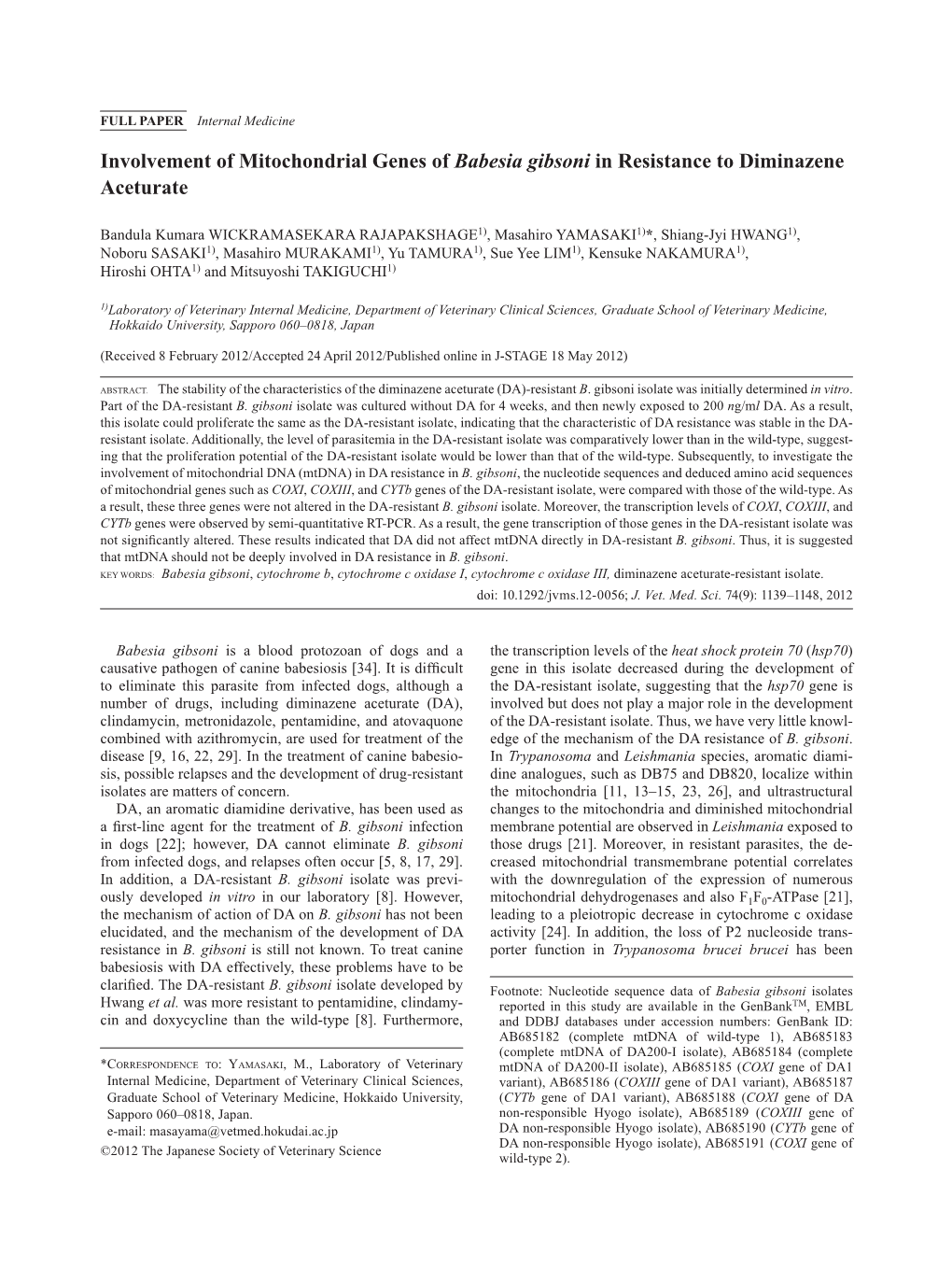 Involvement of Mitochondrial Genes of Babesia Gibsoni in Resistance to Diminazene Aceturate