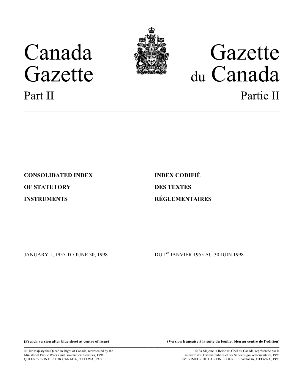 Canada Gazette, Part II, Consolidated Index