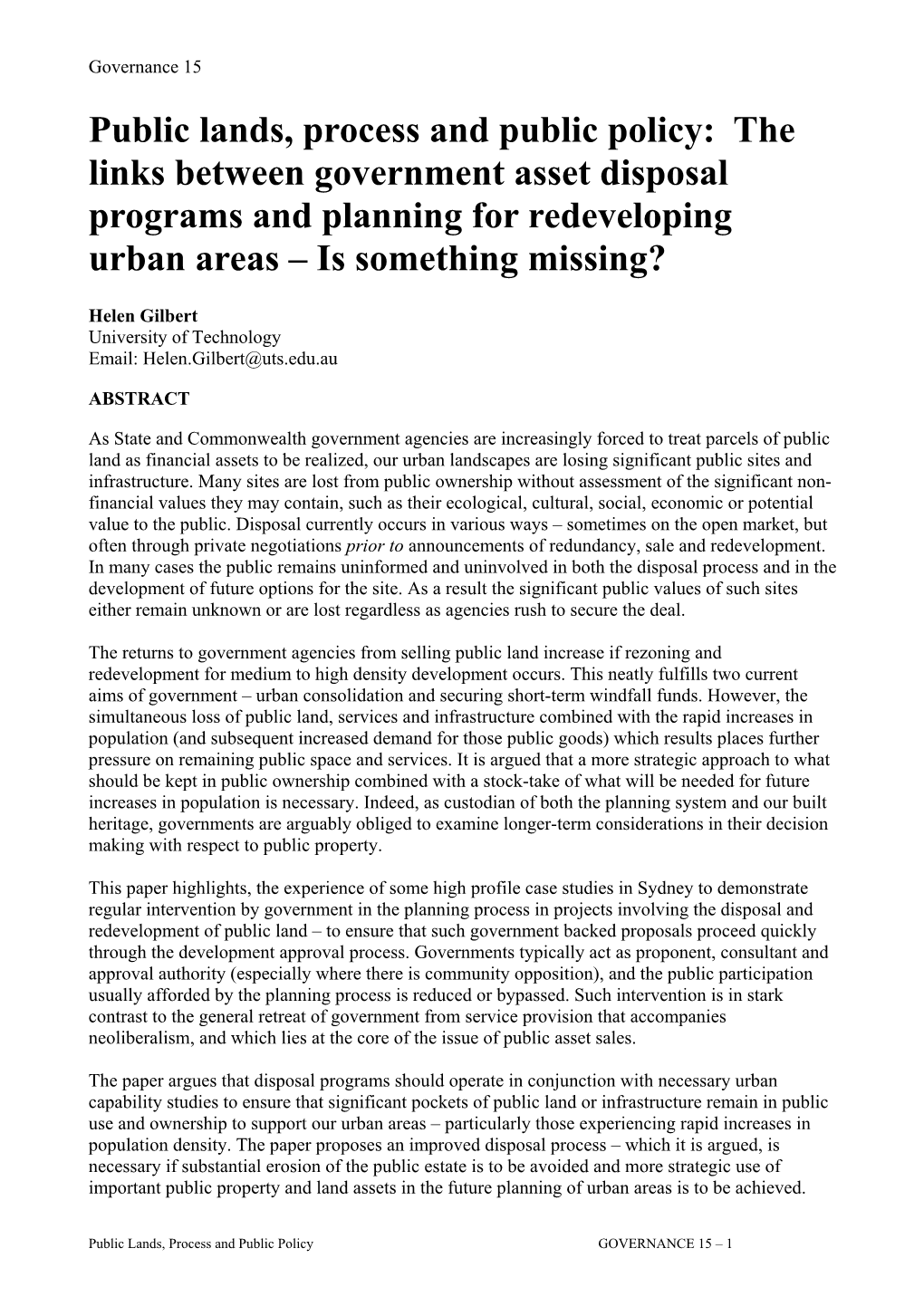 The Links Between Government Asset Disposal Programs and Planning for Redeveloping Urban Areas – Is Something Missing?