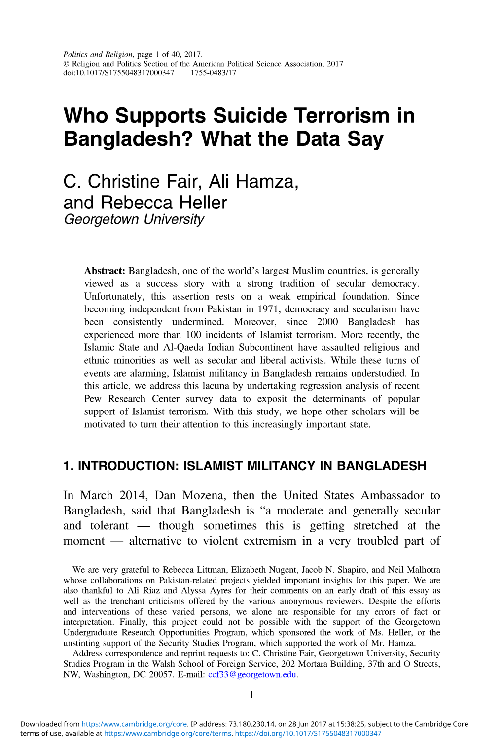 Who Supports Suicide Terrorism in Bangladesh? What the Data Say