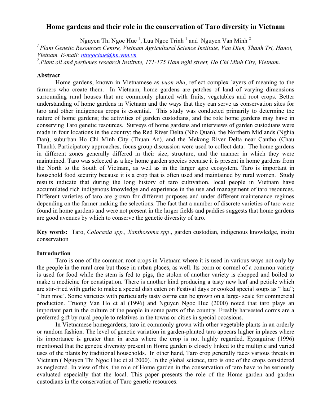 Home Gardens and Their Role in the Conservation of Taro Genetic