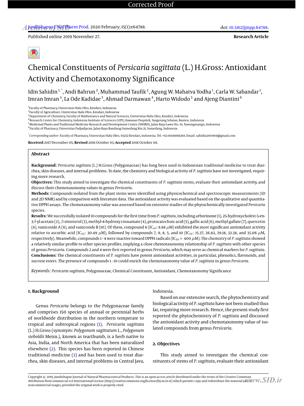 Chemical Constituents of Persicaria Sagittata (L.) H.Gross: Antioxidant Activity and Chemotaxonomy Signiﬁcance