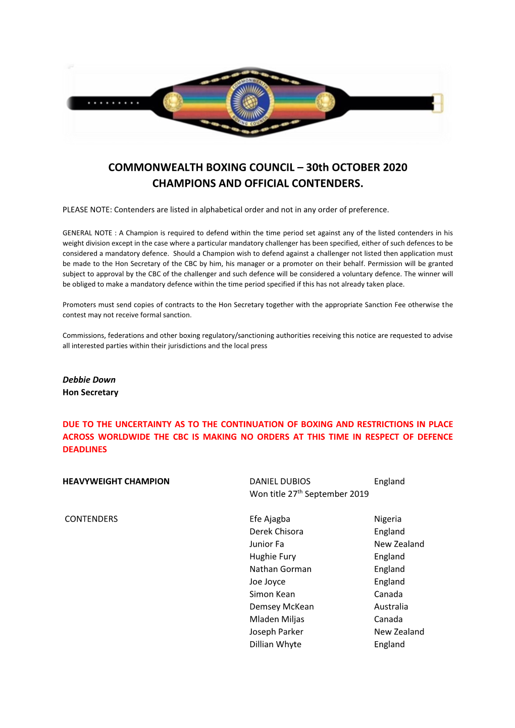 CHAMPIONS, CONTENDERS & DEFENCE OBLIGATIONS 30Th OCTOBER 2020