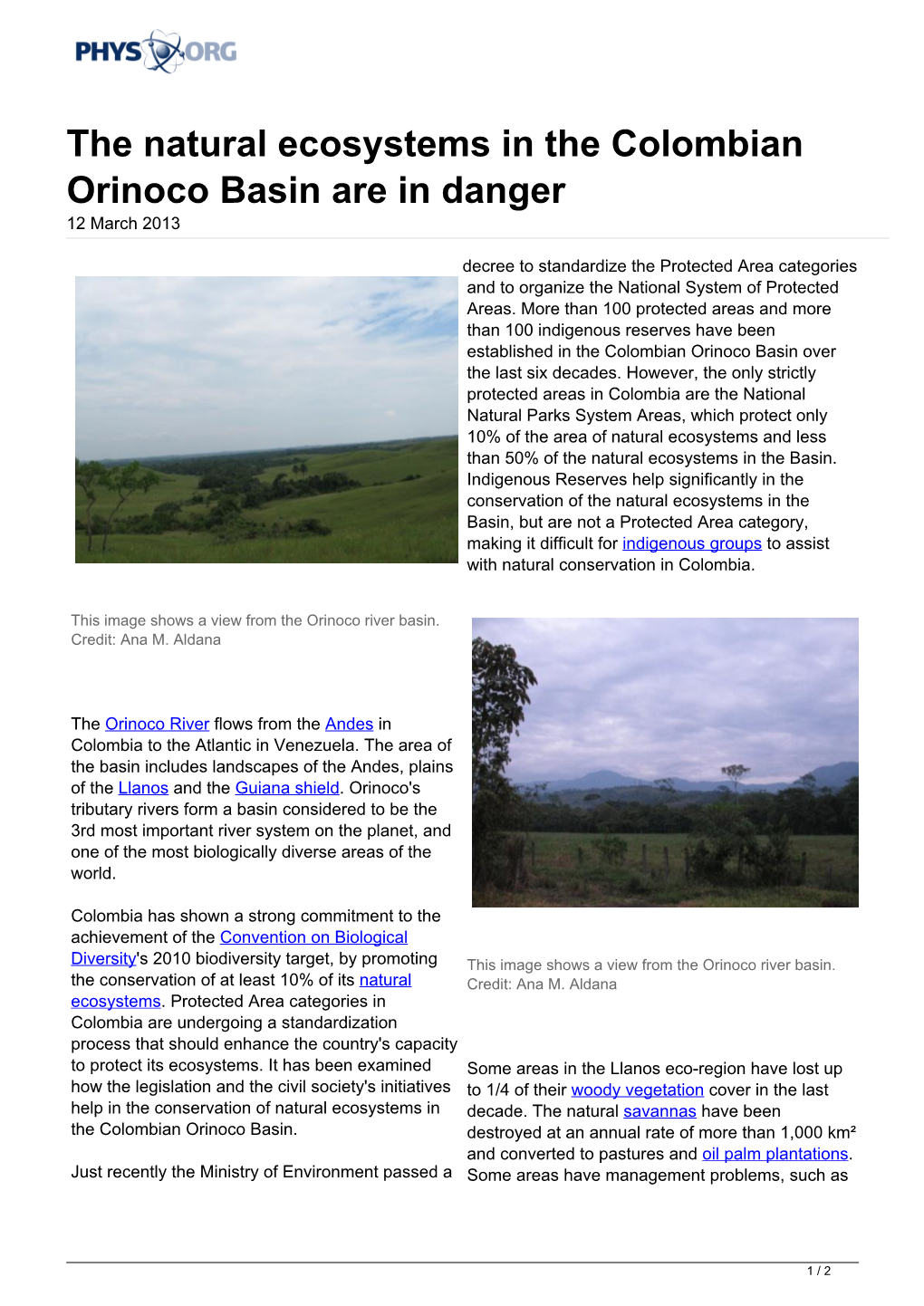 The Natural Ecosystems in the Colombian Orinoco Basin Are in Danger 12 March 2013