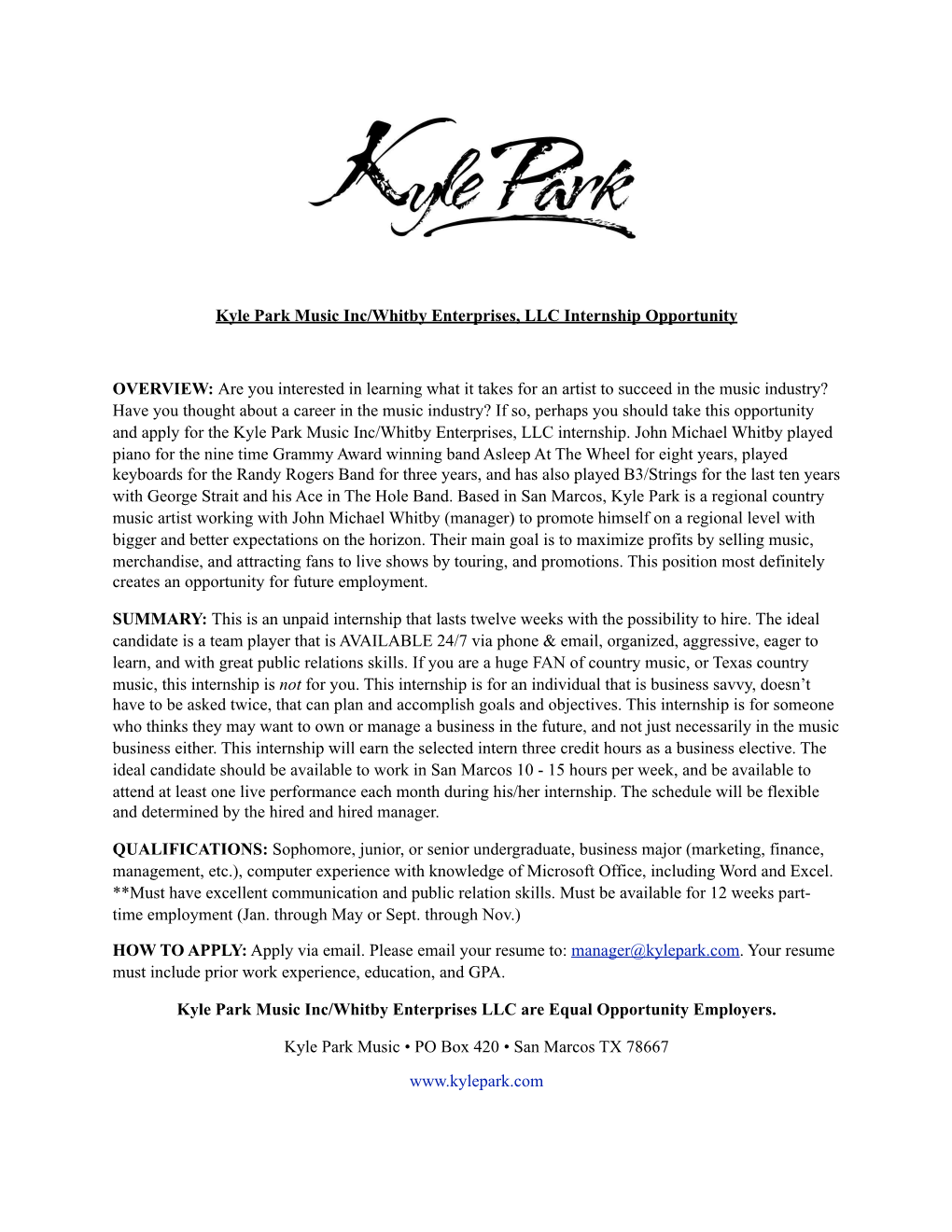 Kyle Park Music Inc/Whitby Enterprises, LLC Internship Opportunity