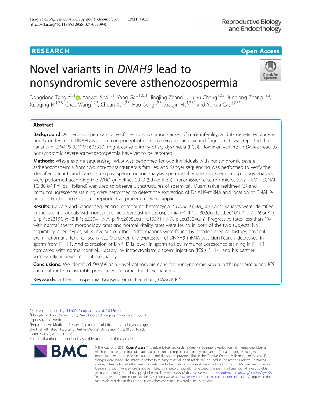 Novel Variants in DNAH9 Lead to Nonsyndromic Severe Asthenozoospermia