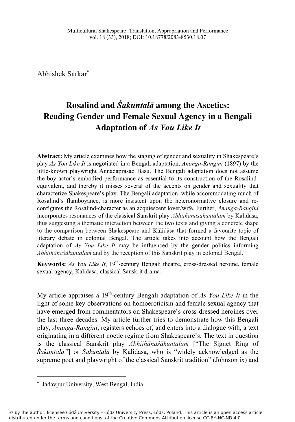 Rosalind and Śakuntalā Among the Ascetics: Reading Gender and Female Sexual Agency in a Bengali Adaptation of As You Like It