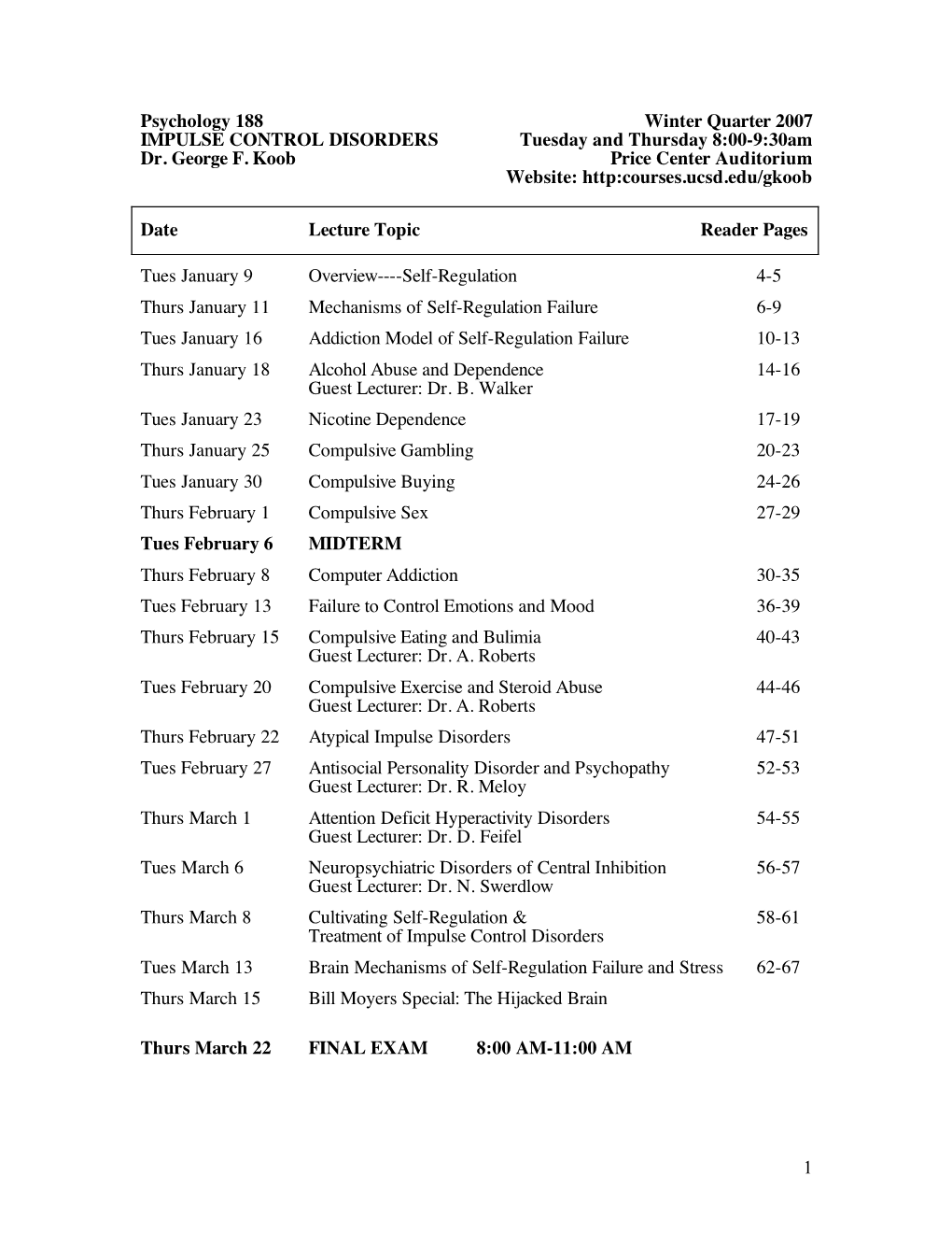 1 Psychology 188 IMPULSE CONTROL DISORDERS Dr. George F. Koob Winter Quarter 2007 Tuesday and Thursday 8:00-9:30Am Price