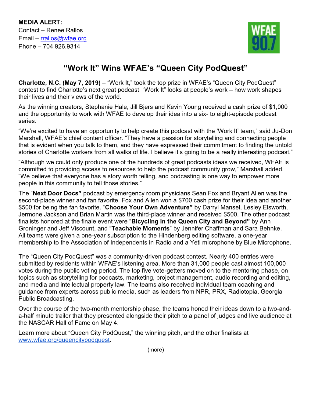 “Work It” Wins WFAE's “Queen City Podquest”