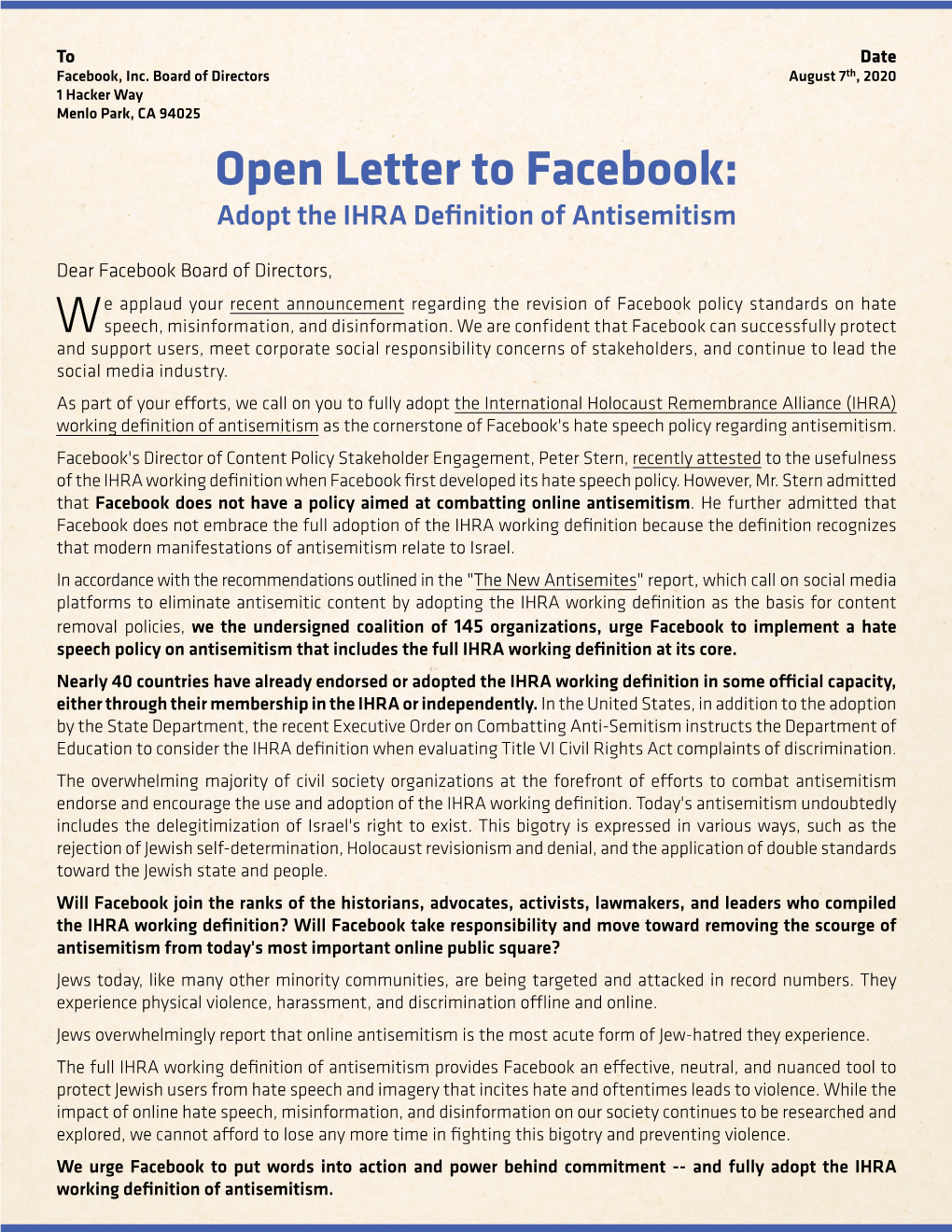 Open Letter to Facebook: Adopt the IHRA Definition of Antisemitism