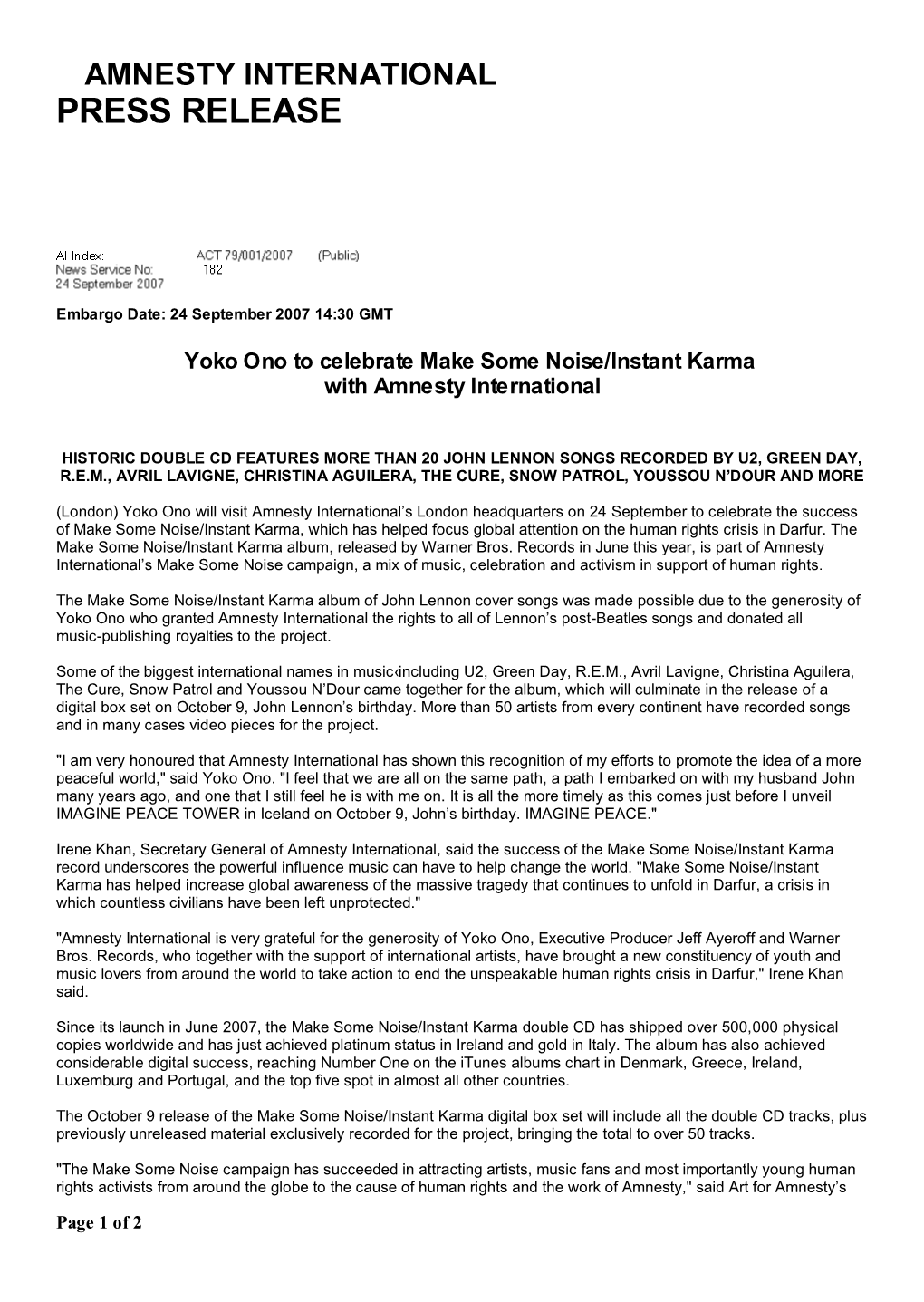 Yoko Ono to Celebrate Make Some Noise/Instant Karma with Amnesty International