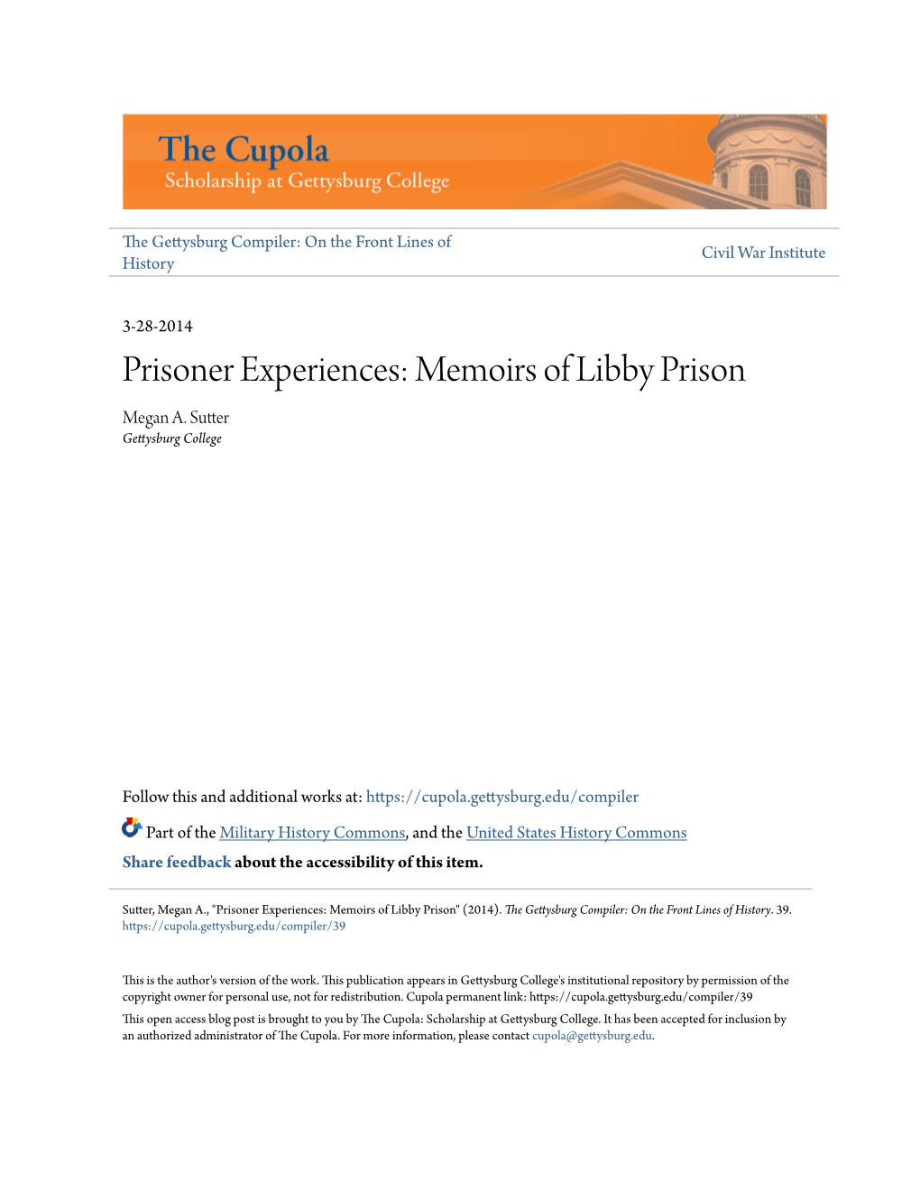Prisoner Experiences: Memoirs of Libby Prison Megan A