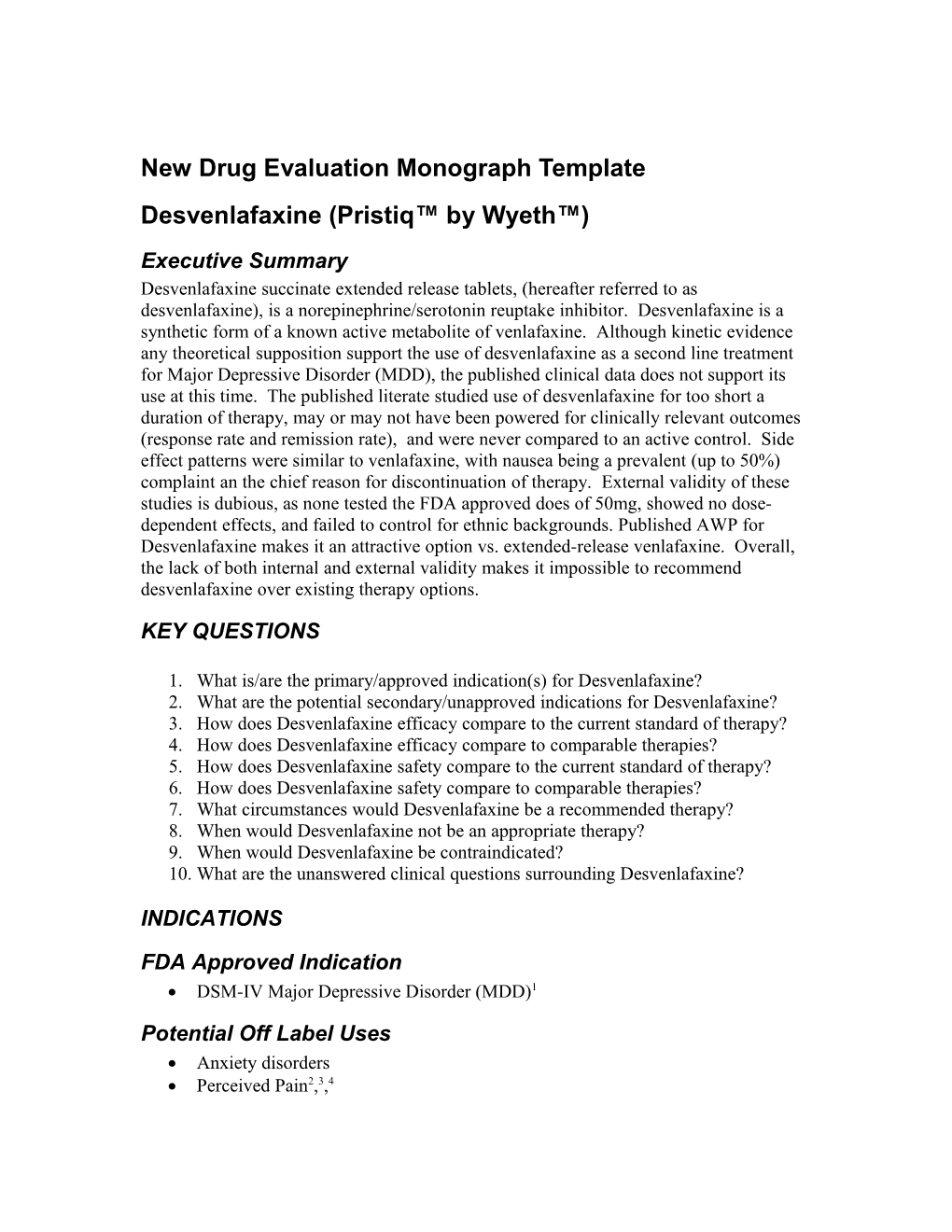 New Drug Evaluation Monograph Template