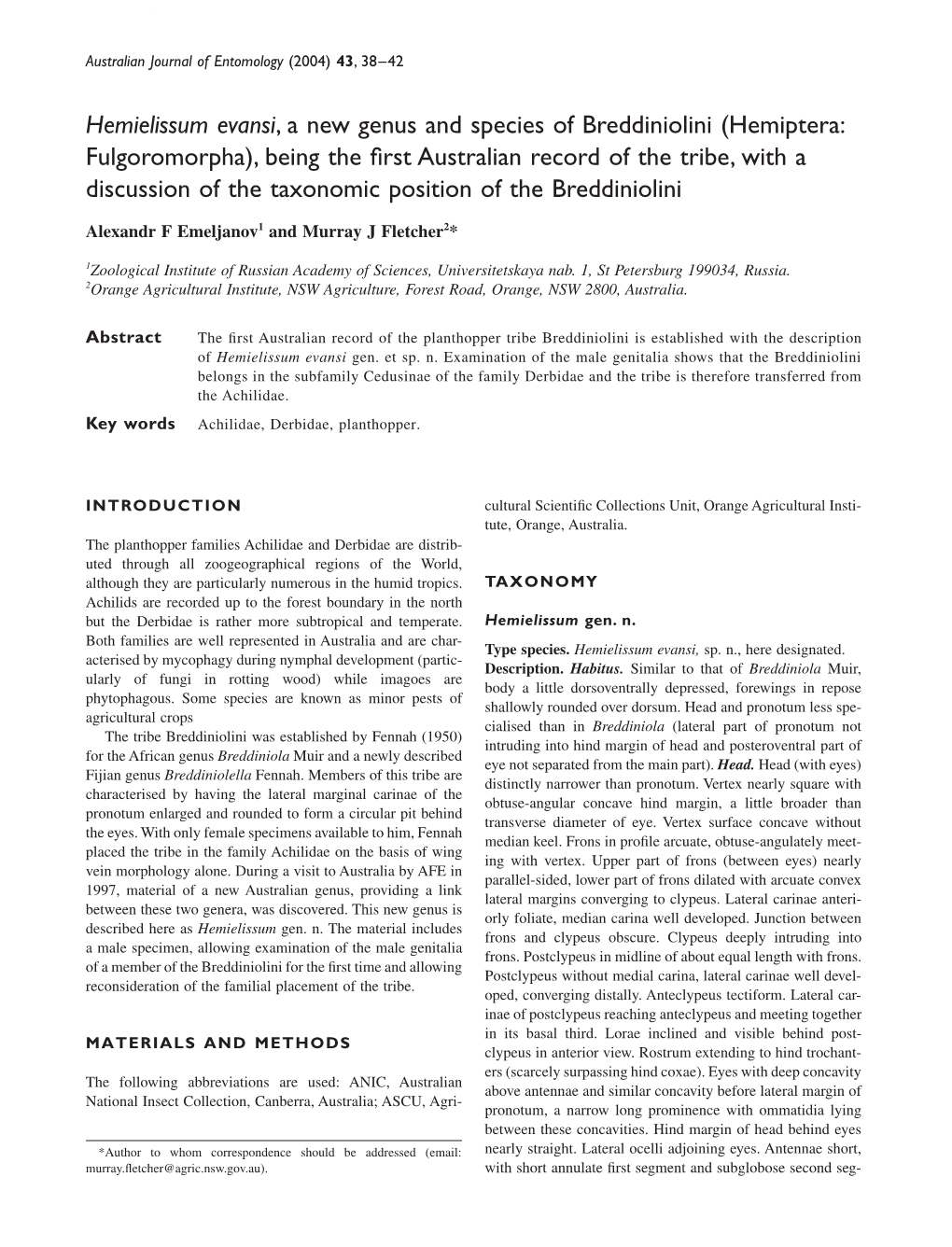 Hemielissum Evansi, a New Genus and Species of Breddiniolini