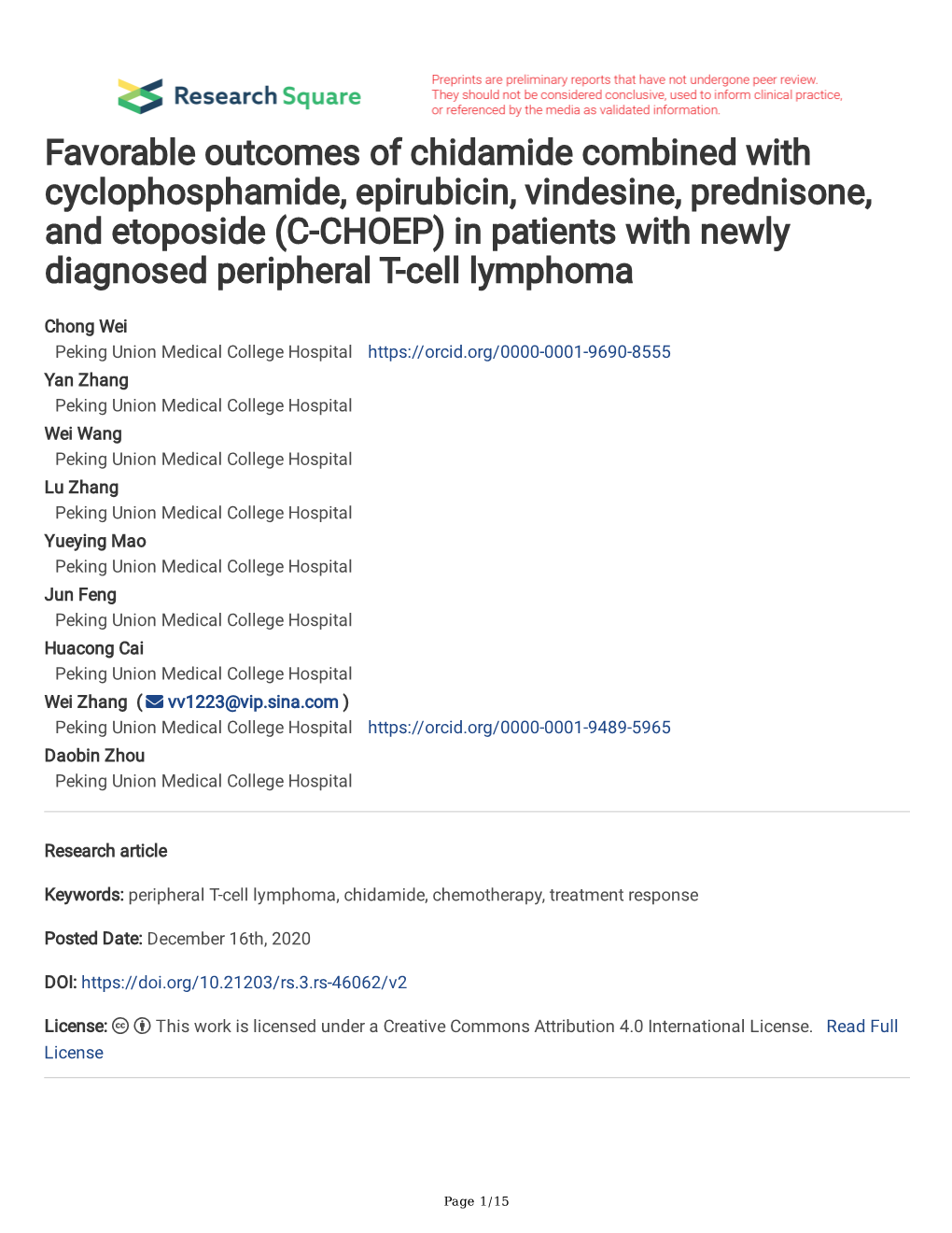 C-CHOEP) in Patients with Newly Diagnosed Peripheral T-Cell Lymphoma