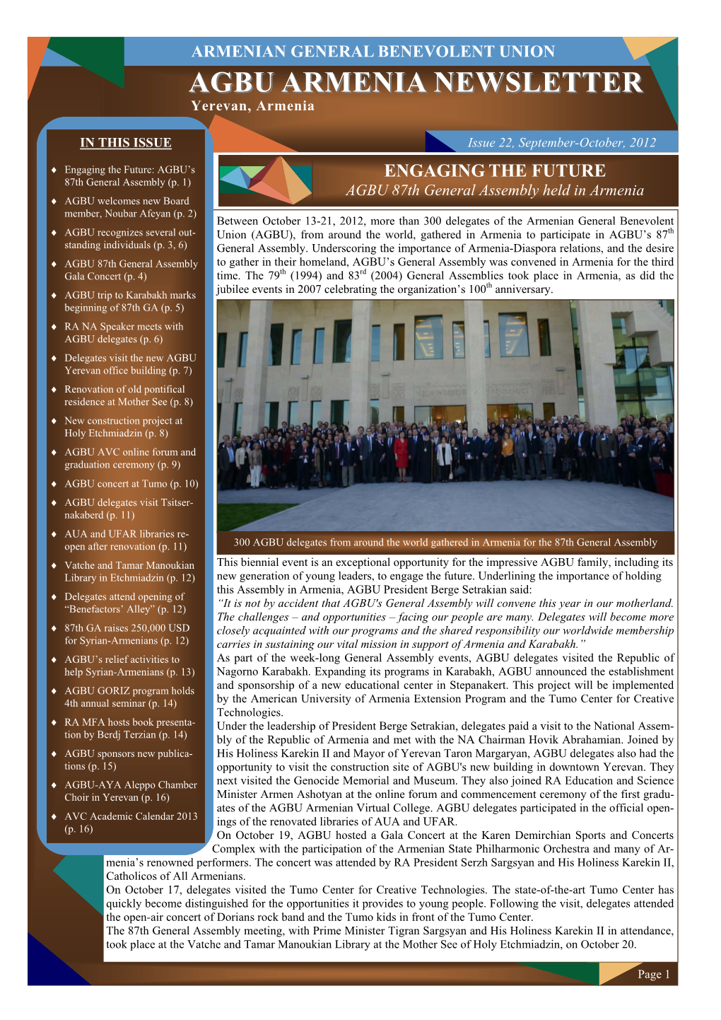 AGBU ARMENIA NEWSLETTER Issue 22, September-October, 2012