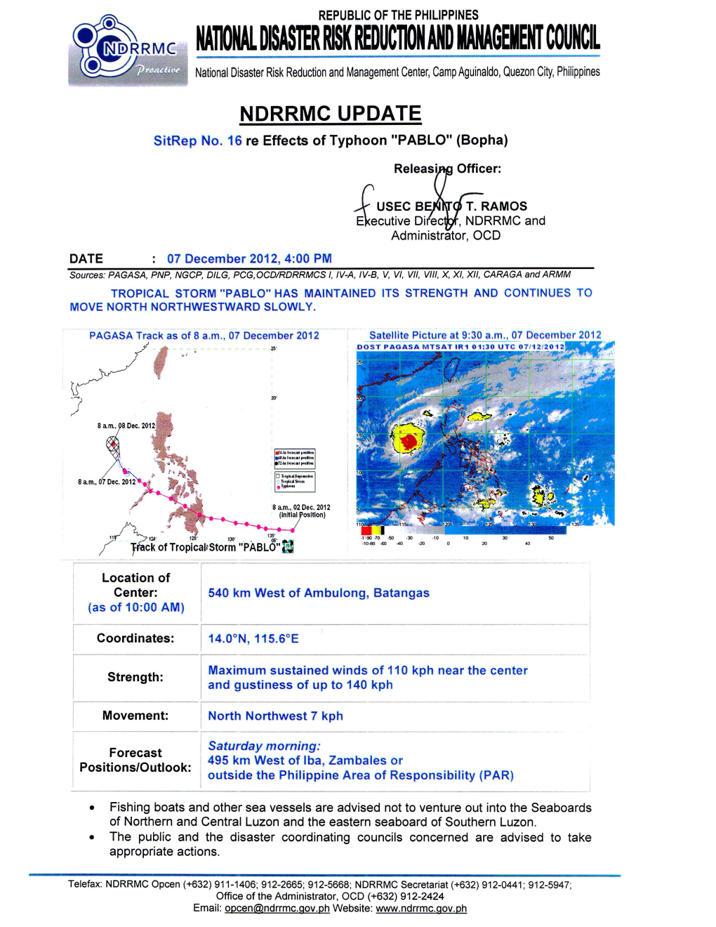 UPDATE Re Sitrep No.16 Re Effects of Typhoon PABLO 07 Dec 2012