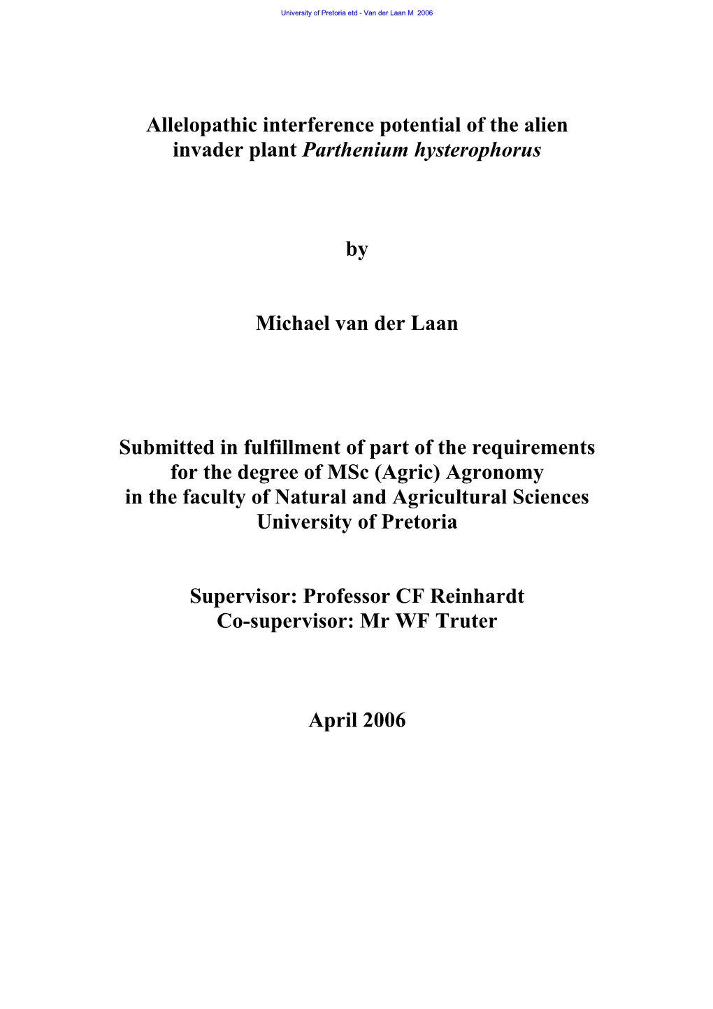 Allelopathic Interference Potential of the Alien Invader Plant Parthenium Hysterophorus