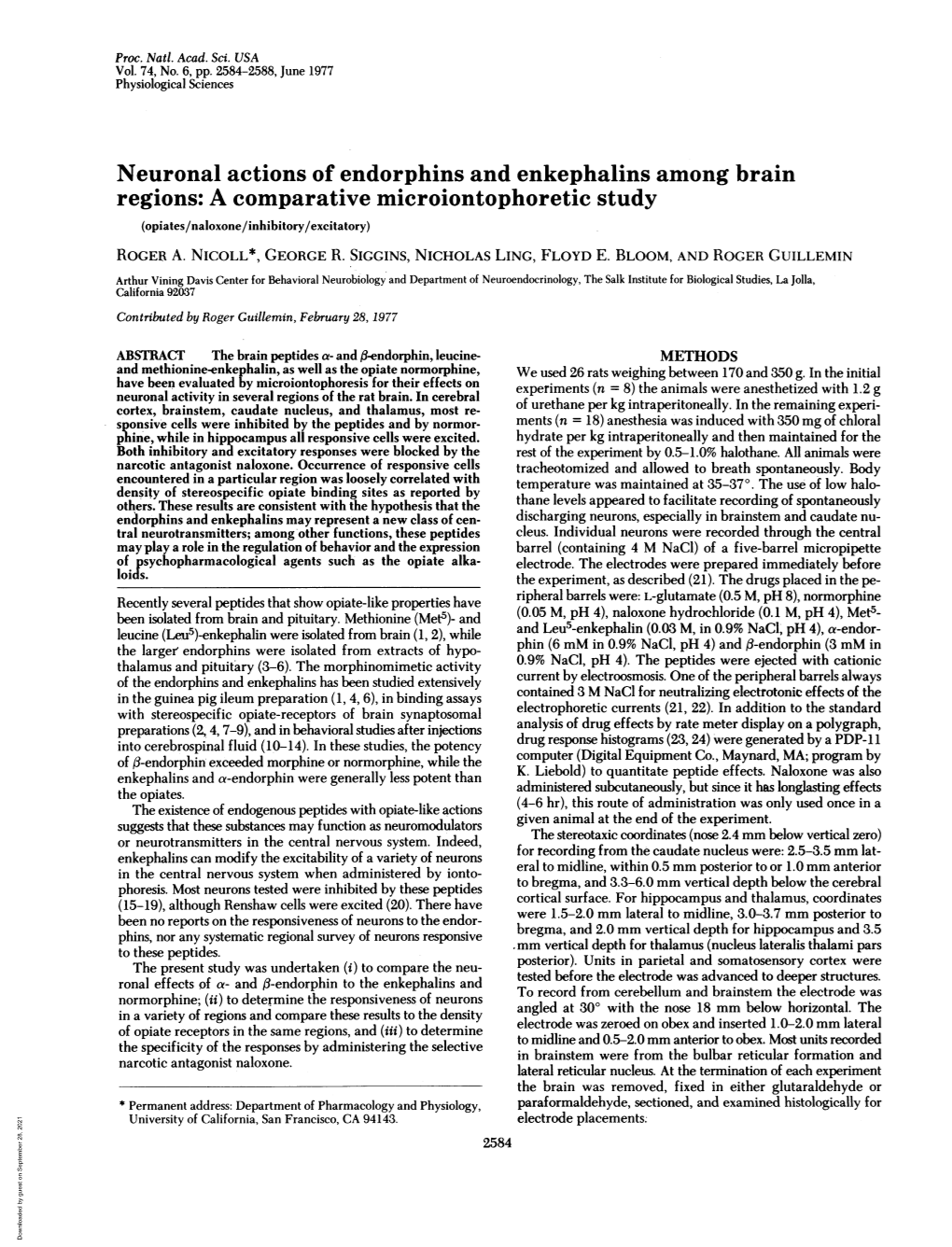 Neuronal Actions of Endorphins and Enkephalins Among Brain Regions: a Comparative Microiontophoretic Study (Opiates/Naloxone/Inhibitory/Excitatory) ROGER A