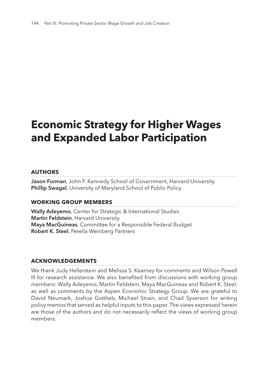 Economic Strategy for Higher Wages and Expanded Labor Participation