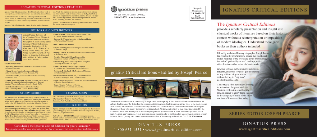IGNATIUS CRITICAL EDITIONS FEATURES Nonprofit Organization Ignatius Critical Editions Feature the Editorial and Critical Work of Tion