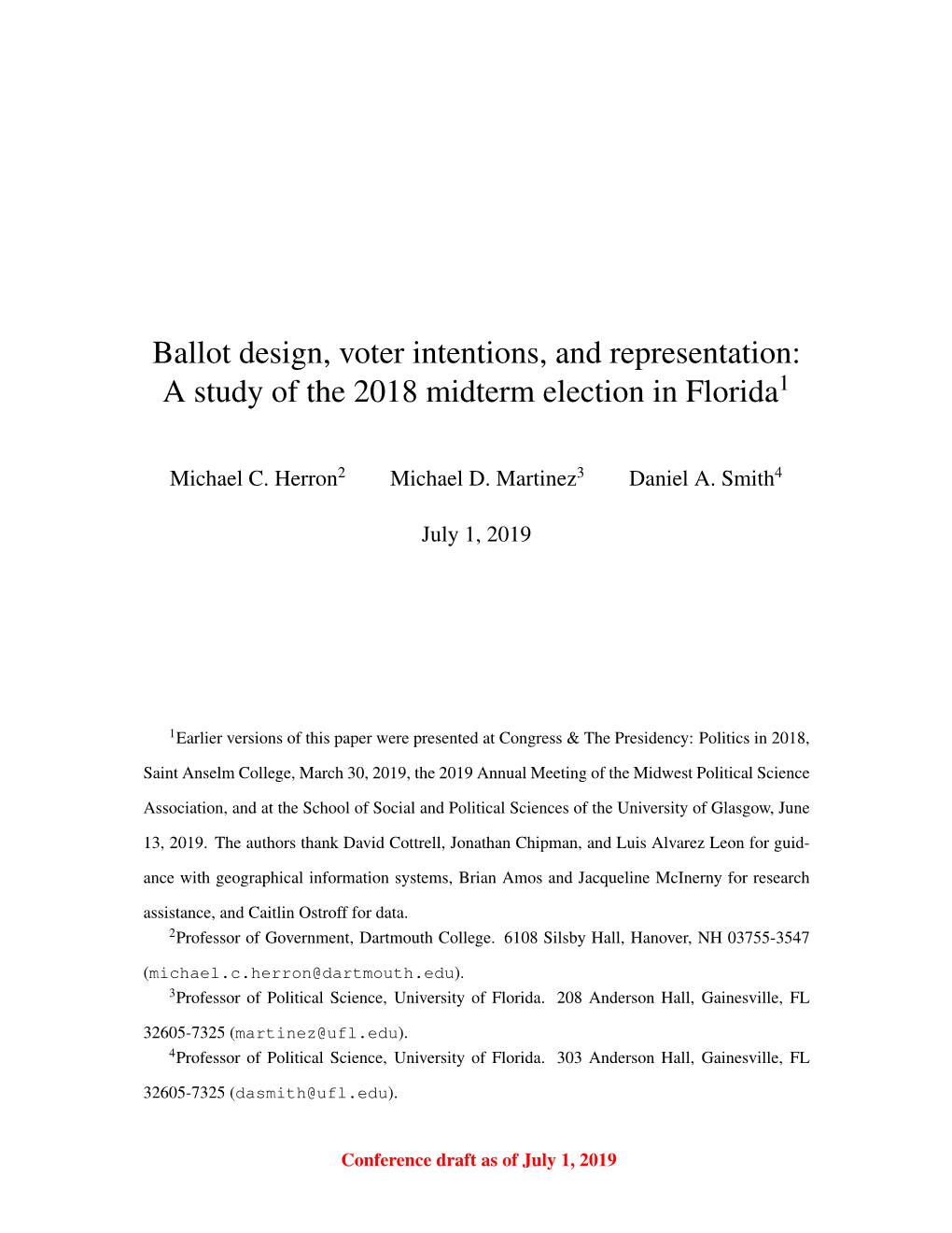 Ballot Design, Voter Intentions, and Representation: a Study of the 2018 Midterm Election in Florida1