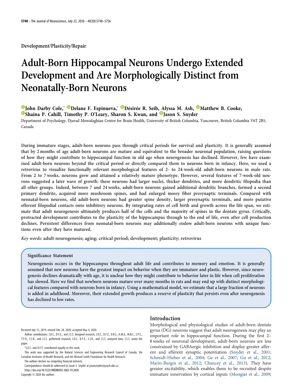Adult-Born Hippocampal Neurons Undergo Extended Development and Are Morphologically Distinct from Neonatally-Born Neurons