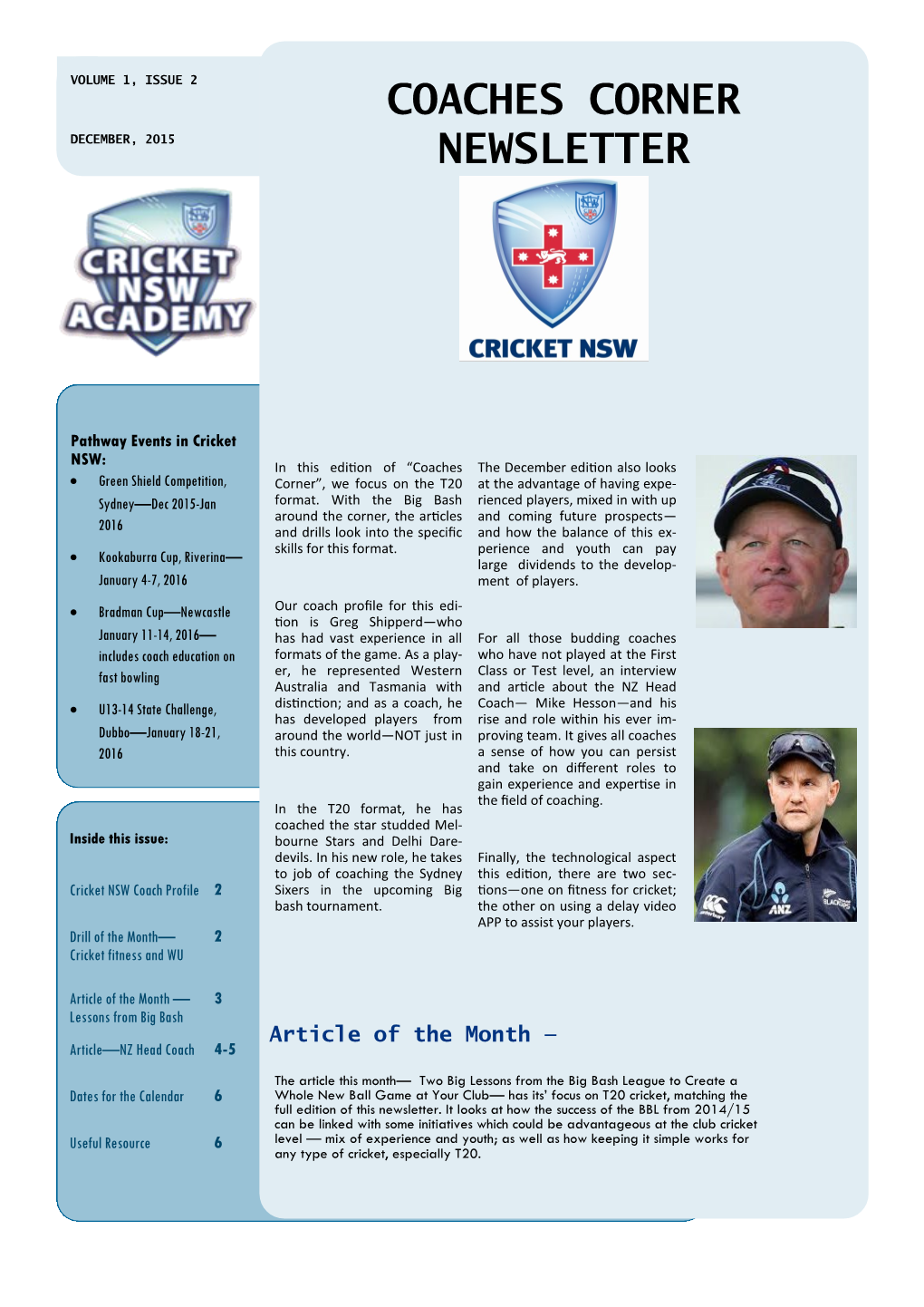 Coaches Corner Newsletter