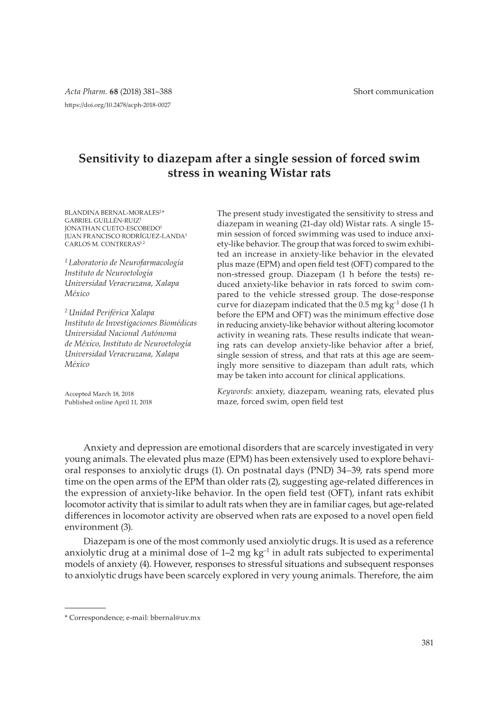 Sensitivity to Diazepam After a Single Session of Forced Swim Stress in Weaning Wistar Rats