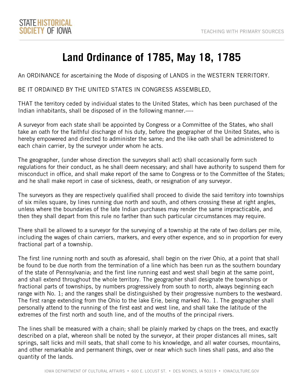 Full Transcript of the Land Ordinance of 1785