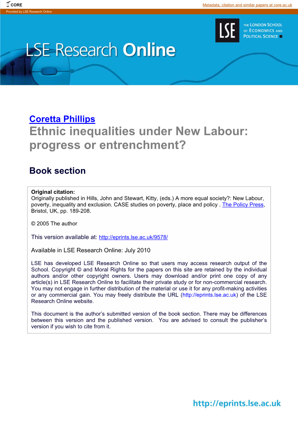 Ethnic Inequalities Under New Labour: Progress Or Entrenchment?