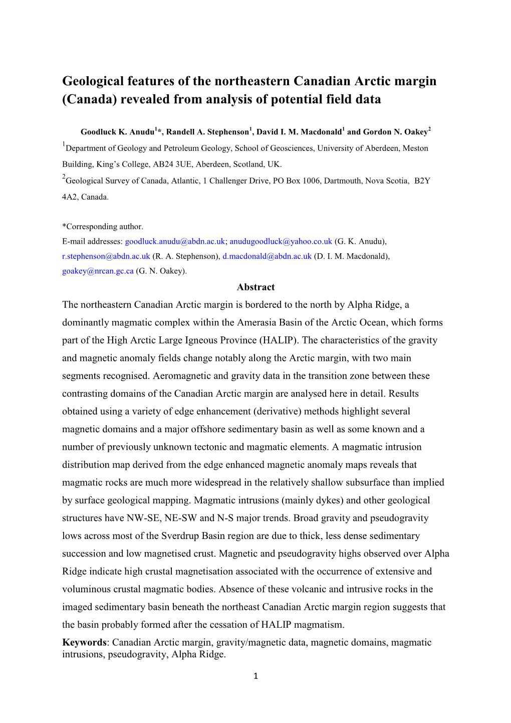 Geological Features of the Northeastern Canadian Arctic Margin (Canada) Revealed from Analysis of Potential Field Data