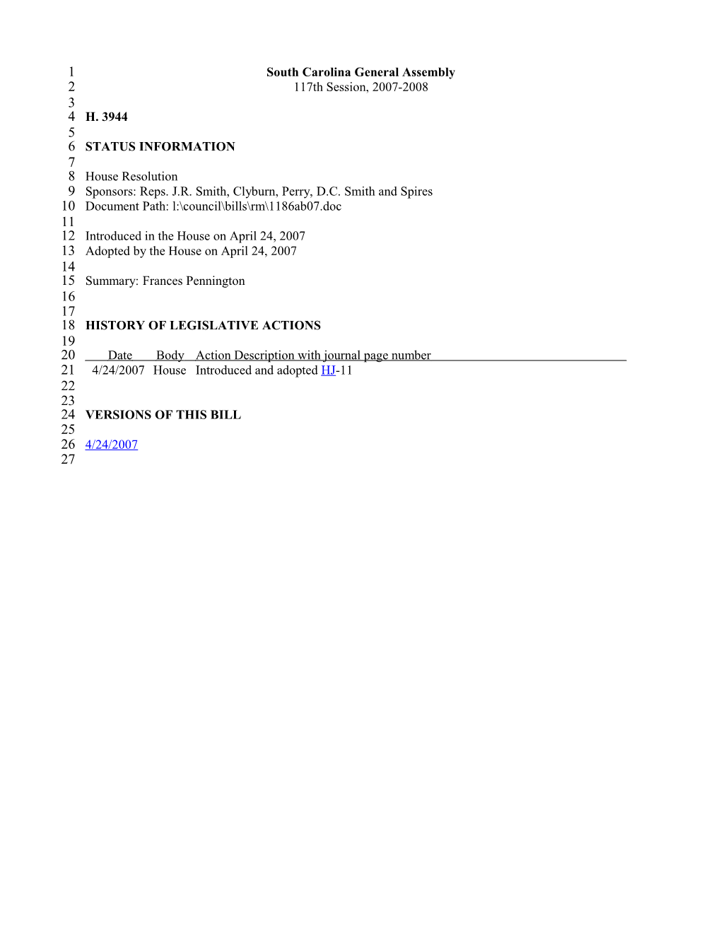 2007-2008 Bill 3944: Frances Pennington - South Carolina Legislature Online