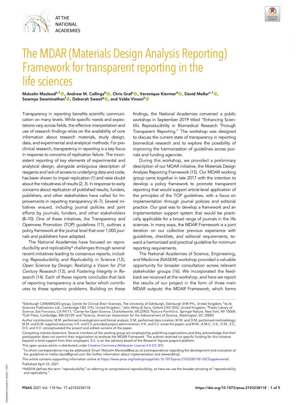 The MDAR (Materials Design Analysis Reporting) Framework for Transparent Reporting in the Life Sciences