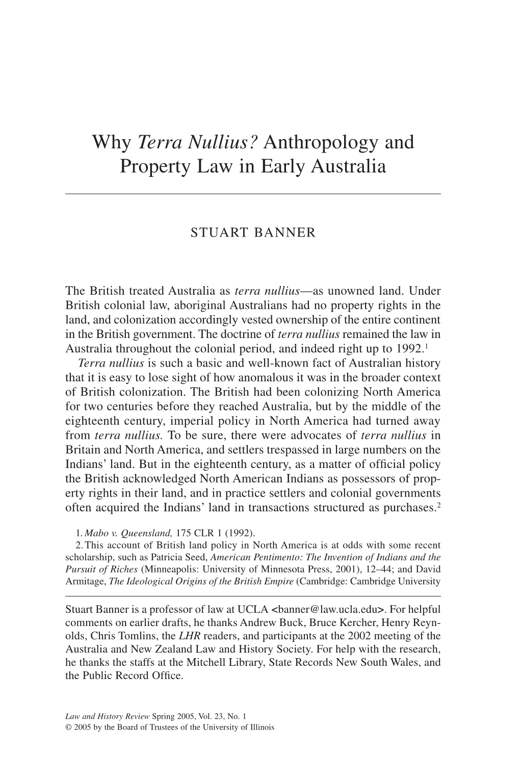 Why Terra Nullius? Anthropology and Property Law in Early Australia