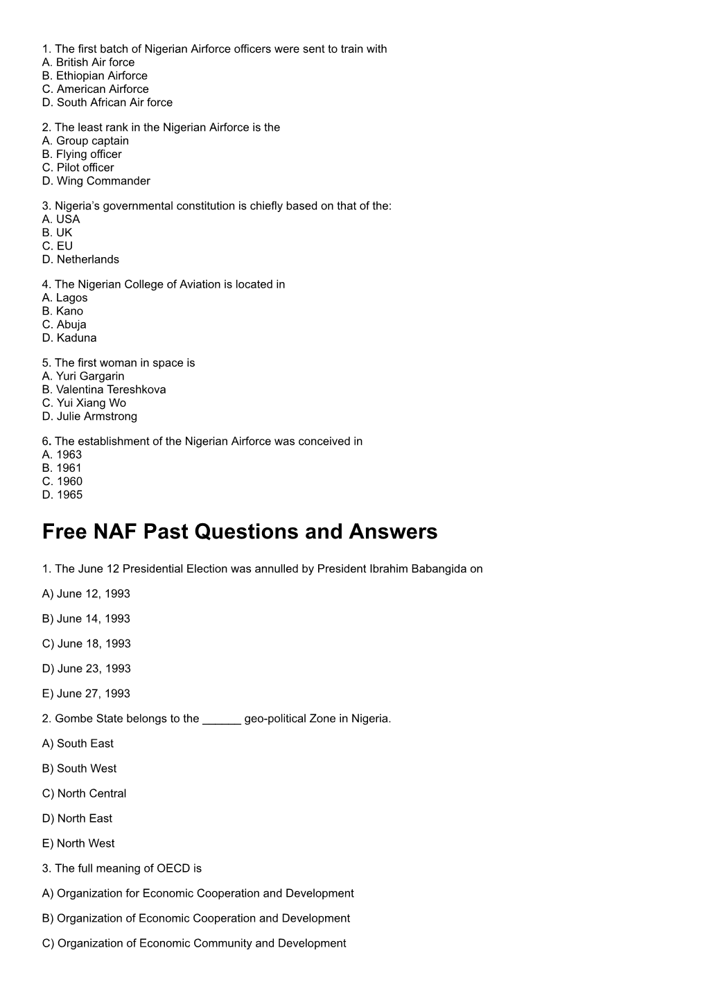 Free NAF Past Questions and Answers