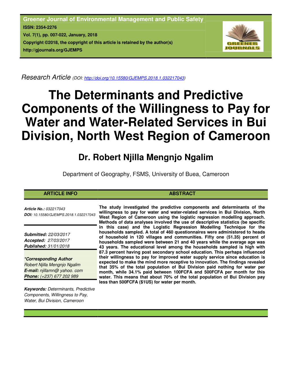 The Determinants and Predictive Components of the Willingness to Pay for Water and Water-Related Services in Bui Division, North West Region of Cameroon