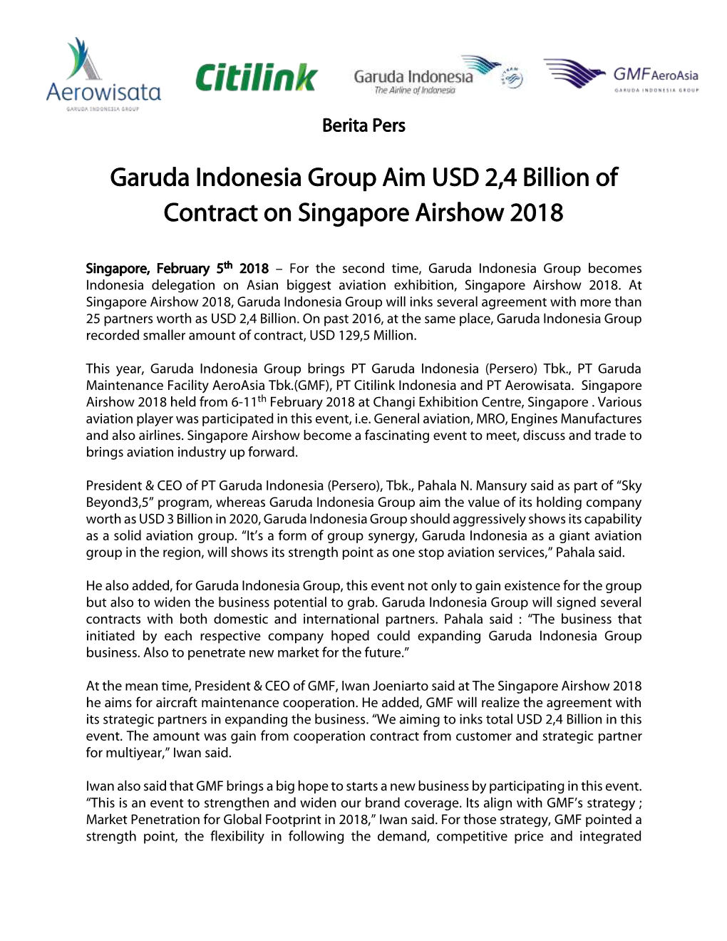 Garuda Indonesia Group Aim USD 2,4 Billion of Contract on Singapore Airshow 2018