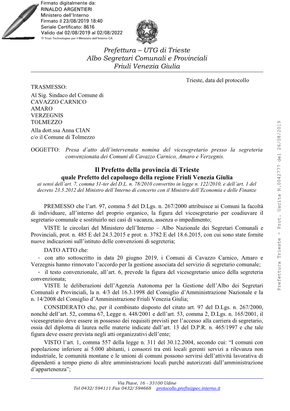 Prefettura – UTG Di Trieste Albo Segretari Comunali E Provinciali Friuli Venezia Giulia