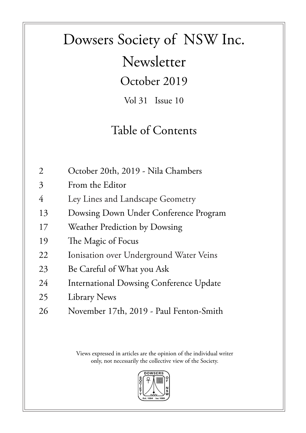 Dowsers Society of NSW Inc. Newsletter October 2019 Vol 31 Issue 10
