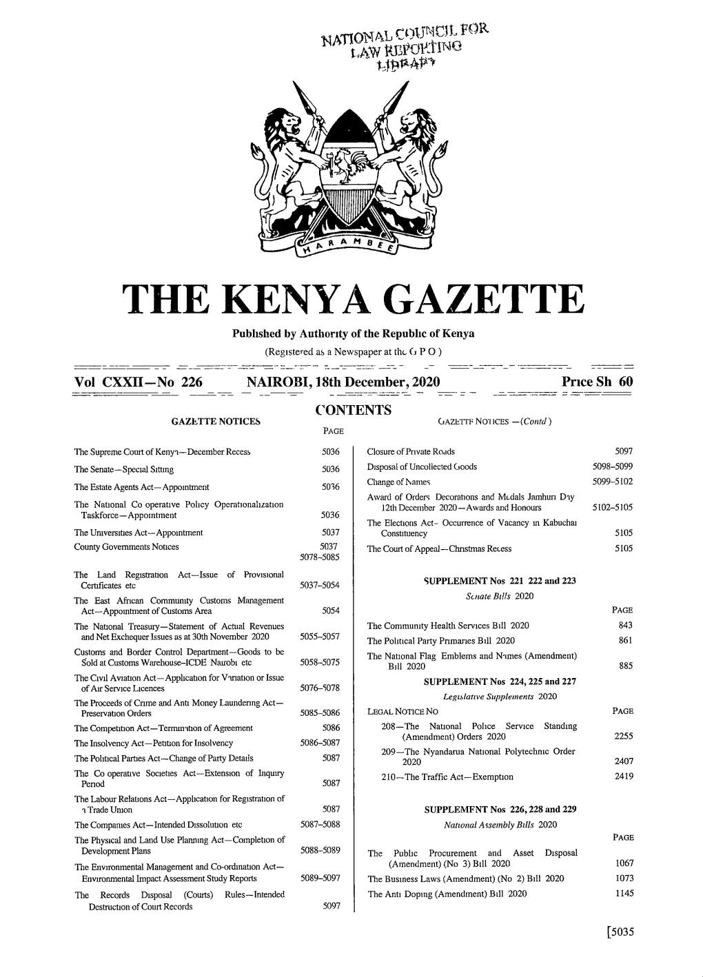 THE KENYA GAZETTE Published by Authority of the Republic of Kenya (Registered As a Newspaper at the Fj P O)