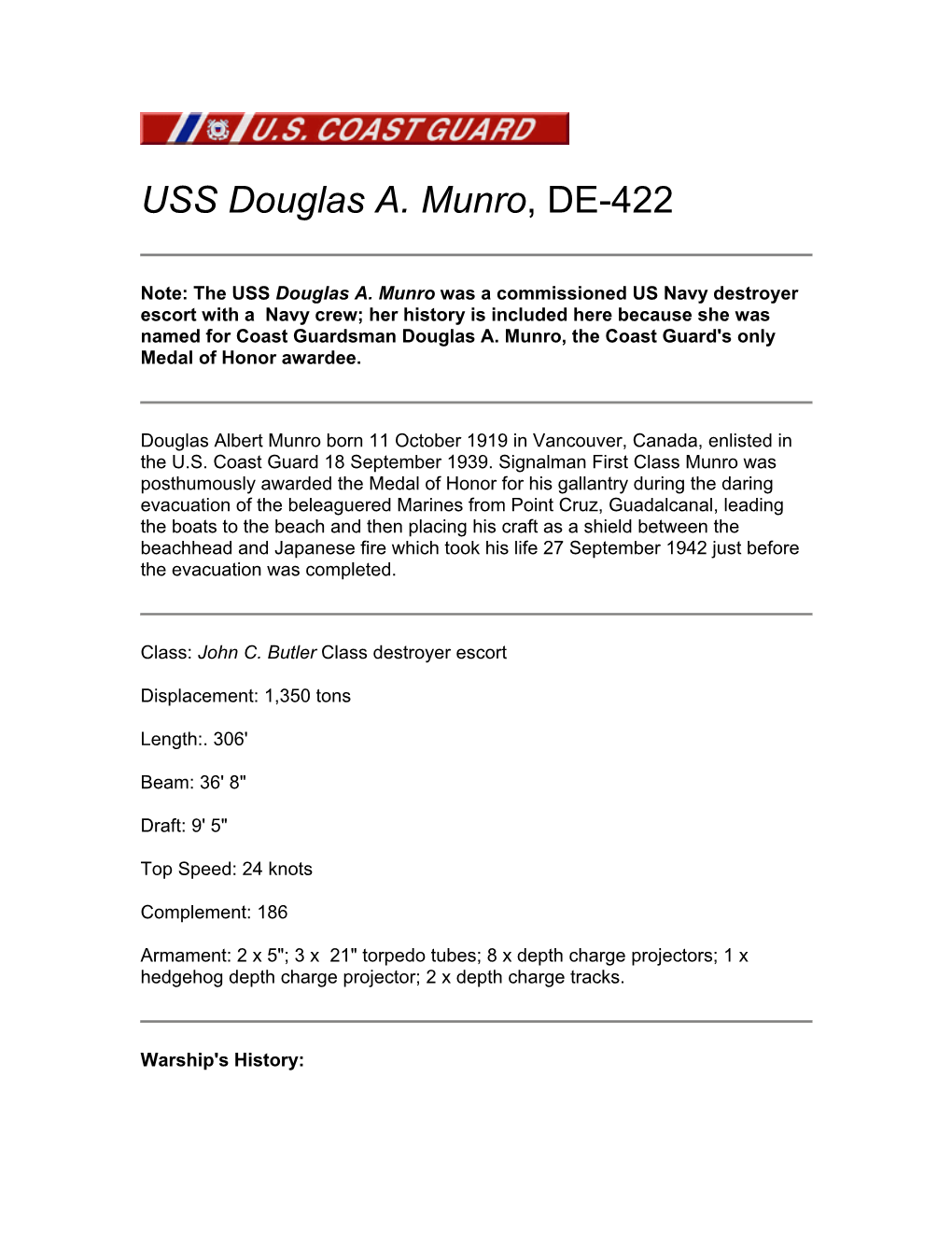 USS Douglas A. Munro, DE-422