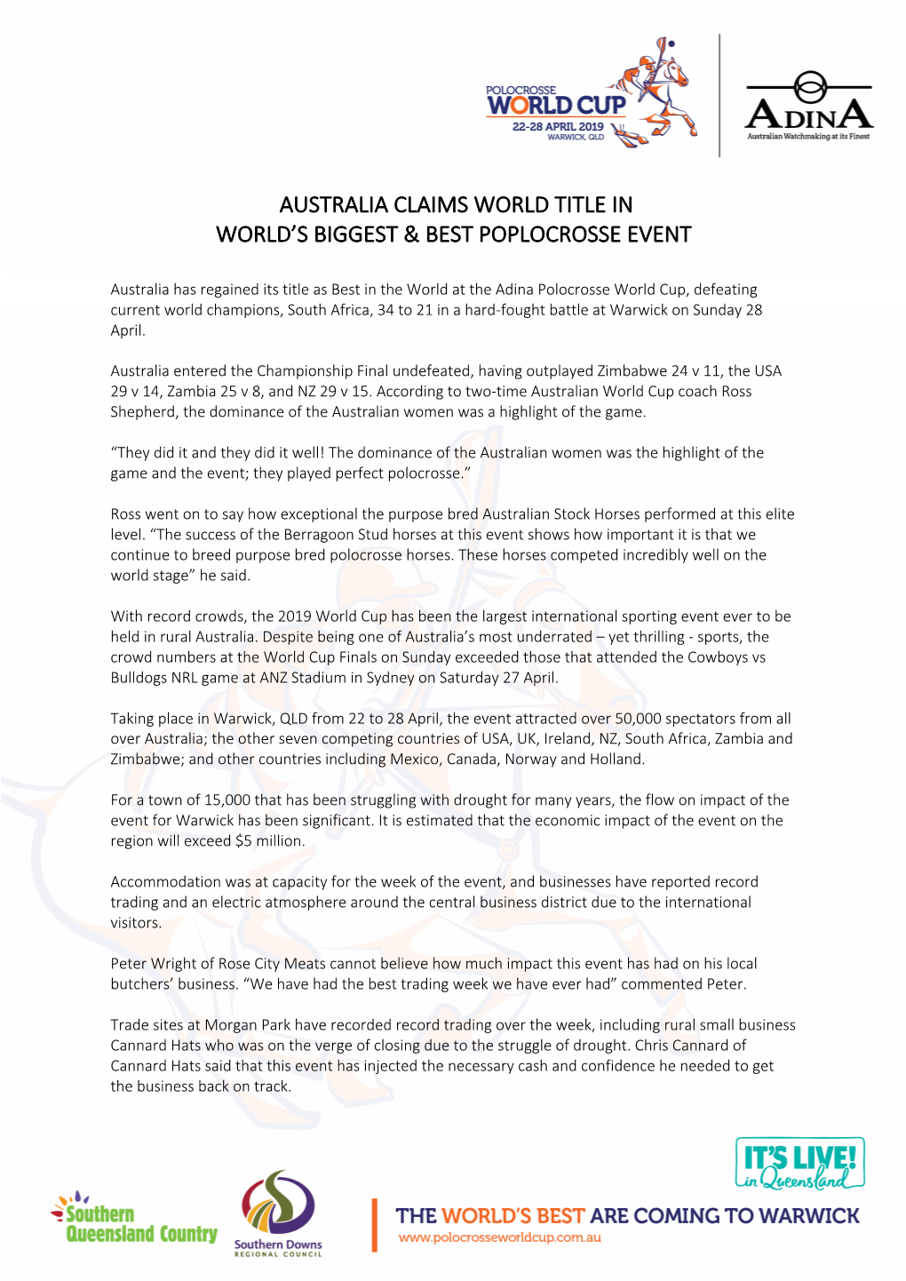 Australia Claims World Title in World’S Biggest & Best Poplocrosse Event